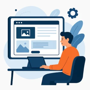 hombre sentado frente a una computadora trabajando en una web