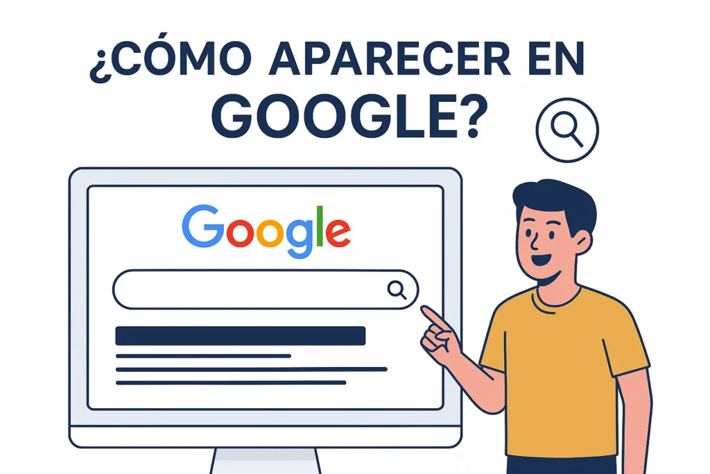 hombre apuntando a pantalla que dice como aparecer en google