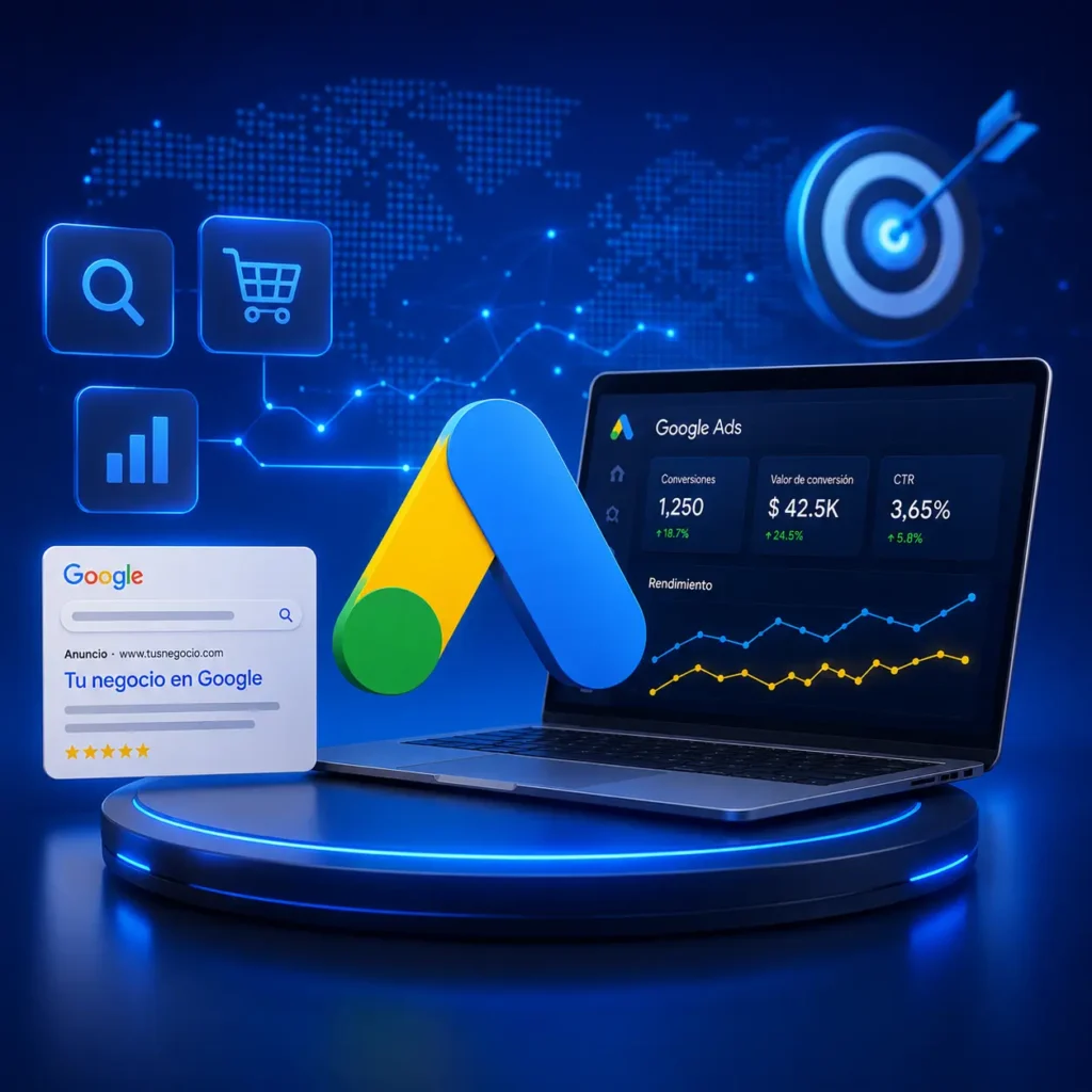 Logo de google ads con notebook de fondo
